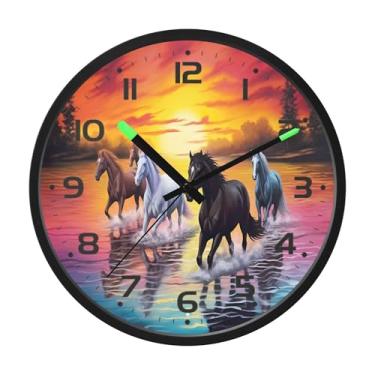 Imagem de SEHANY Relógio de parede artístico majestoso cavalos silencioso, sem tique-taque, relógio redondo operado por bateria, controle de som, luz noturna, relógios de parede para sala de estar, cozinha