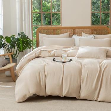 Imagem de TISPLR Conjunto de capa de edredom queen bege, 3 peças, luxuosa, algodão macio, camada dupla, gaze enrugada, bege, todas as estações, luxuoso, respirável, confortável, macio com fecho de zíper
