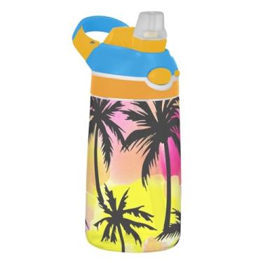 Imagem de Black Palm Trees Aquarela Cucoloris Garrafa de água infantil com canudo 473 ml 473 ml Garrafa de água de plástico Tritan à prova de vazamento, copo infantil reutilizável, portátil, alça de transporte