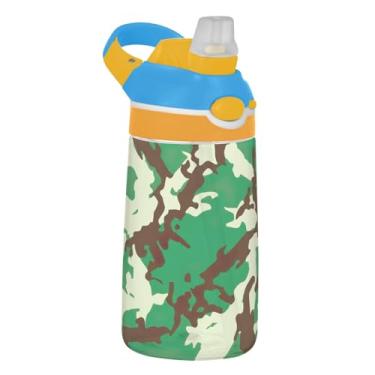 Imagem de Garrafa de água verde Camouflage Earth Tones infantil com canudo 473 ml Tritan 473 ml Garrafa de água esportiva portátil à prova de vazamento, copo infantil, reutilizável, alça de transporte