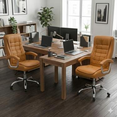 Imagem de Kit 2 Cadeiras De Escritório Presidente Ergonômica Com Regulagem de Altura Executiva Alta Big Confortável Molas Ensacadas Pillow Top Caramelo