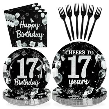 Imagem de Greencian 96 peças de artigos de festa de aniversário de 17 anos preto e prata Cheers to 17 Years Party Pratos e guardanapos descartáveis Happy 17th Birthday para decoração de meninas e meninos 17