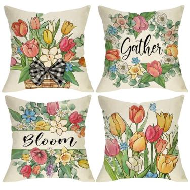 Imagem de Fjfz Capas de almofada decorativas de flor de tulipa de primavera 45,7 x 45,7 cm, conjunto de 4, coroa de flores de narciso rosa, decoração de casa, varanda, decoração de casa, folhas de eucalipto de