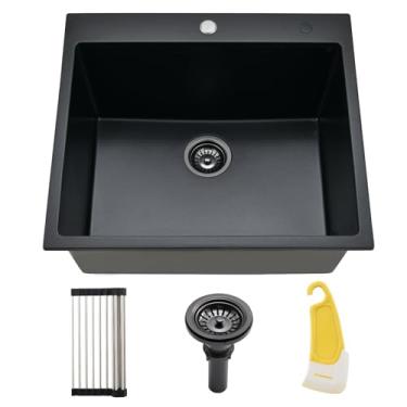 Imagem de BoomHoze Pia de cozinha de 63,5 cm x 22 cm, tigela única de 63,5 cm, granito preto fosco, composto de quartzo, para uso externo, com rodo de borracha pequeno