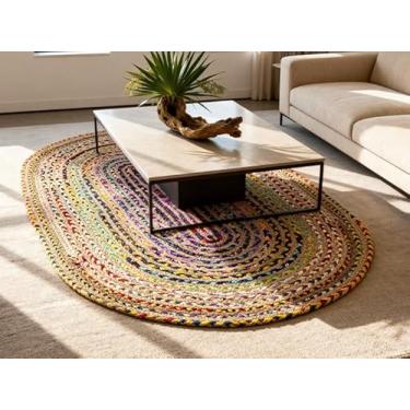Imagem de Craft Trade Tapete trançado de juta à mão, tapete de área boho reversível natural, tapete multicolorido para ambientes internos e externos para sala de estar, quarto, corredor, sala de jantar, áreas