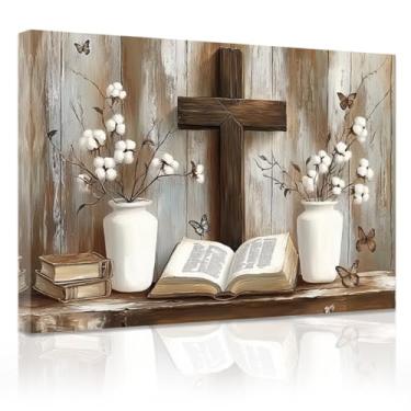 Imagem de QIXIANG Quadros cristãos de fazenda para parede, versículos bíblicos, arte em tela cruzada, pinturas florais em frascos de pedreiro, borboletas, ilustrações religiosas emolduradas (30,5 cm C x 45,7 cm