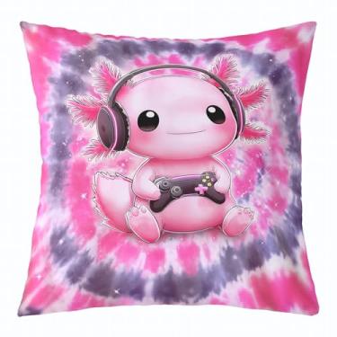Imagem de Erosebridal Capa de almofada infantil axolotl rosa 45,7 cm C x 45,7 cm L, Kawaii Axolotl jogando videogame, capa de almofada salamandra para sofá-cama casa interior ao ar livre, fronha tie dye vida