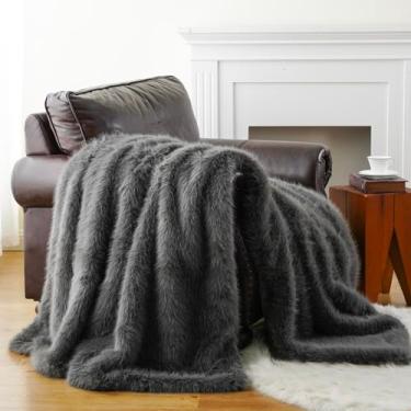 Imagem de BATTILO HOME Cobertor luxuoso de pele sintética cinza fofo, cobertor aconchegante de pele quente para sofá, cadeira, cama, mantas de pele felpuda de pelúcia com pelo longo, 152 x 203 cm
