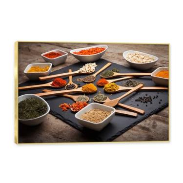 Imagem de NHLDZYH Moldura dourada. Arte de parede em tela de especiarias coloridas e colher de tempero | Decoração de cozinha vintage | Arte moderna para casa e sala de jantar. C59. 50 x 75 cm - 19,7 x 29,6 pol