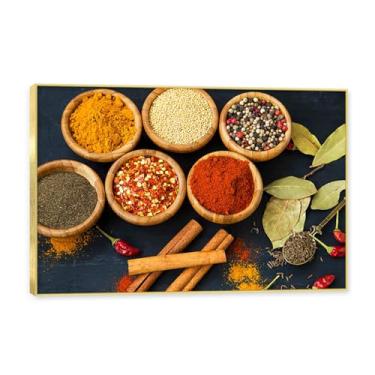 Imagem de NHLDZYH Moldura dourada. Arte de parede em tela de especiarias coloridas e colher de tempero | Decoração de cozinha vintage | Arte moderna para casa e sala de jantar. C67. 50 x 75 cm - 19,7 x 29,6 pol