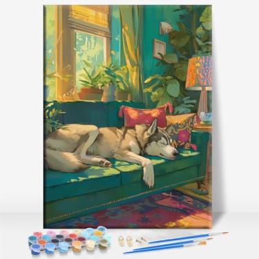 Imagem de HUINORYA Husky Lounging on a Luxury Sofa Husky Dog Framed Canvas DIY Paint by Numbers Kit Bar Cafe Cave Home Room Wall Bathroom Varanda Pátio Decoração Presente, 40,6 x 30,5 cm