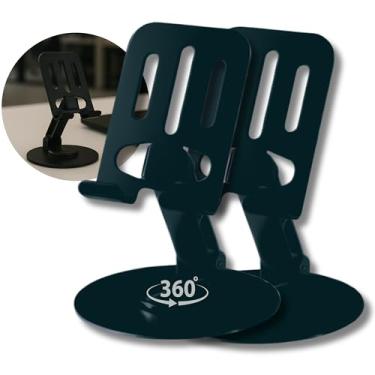 Imagem de Kit 2 Suporte Universal Celular Mesa Alumínio Base Rotativa 360° Ajustável Dobrável para Smartphones, iPhone, iPad e Tablets Estável e Antiderrapante Premium Metal (Preto)