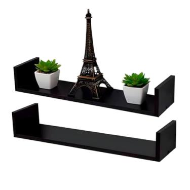 Imagem de Prateleira Suspensa U Suporte Parede Estante Madeira 60x12cm (2, Preto)