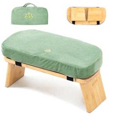 Imagem de Estleys Banco de meditação, banco de meditação de bambu, banco dobrável de meditação de ajoelho, banco de oração Seiza, banco de oração com almofada de meditação, banco de joelhos (bolsa verde)