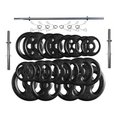 Imagem de Kit 70 Kg de Anilhas Ferro Fundido + Barras de Supino e Halteres - 2M