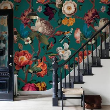 Imagem de Mural de parede floral Peel and Stick 365.8 cm L x 254.0 cm H azul escuro tecido flor material papel de parede para quarto TV fundo papel de parede vintage grandes murais de parede florais vintage art