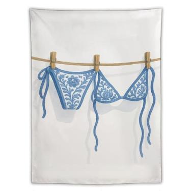 Imagem de Tapeçaria de lingerie branca azul com padrão floral prendedores de roupa aquarela decoração de parede sala de estar quarto decoração de casa enfeite exclusivo para pendurar 152 x 203 cm tapeçaria