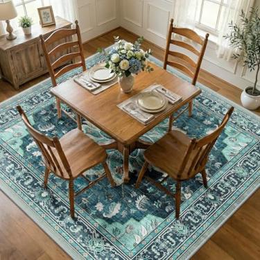 Imagem de RELEANY Tapetes quadrados de 2,1 m, lavável, antiderrapante, floral, vintage, estampa de angústia, tapete medalhão para sala de estar, quarto, sala de jantar, verde-petróleo, azul lago turquesa