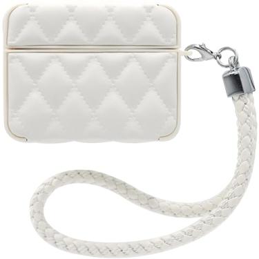 Imagem de Capa MC Fashion para AirPods Pro 3, capa protetora acolchoada de couro PU com cordão trançado padrão de diamante fino compatível com AirPods Pro 3 (2025) (branca)