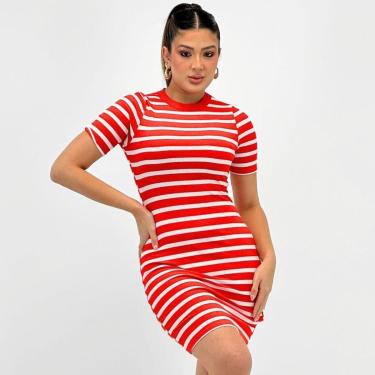 Imagem de Vestido Doce Trama Curto Listrado Manga Curta Feminino-Feminino