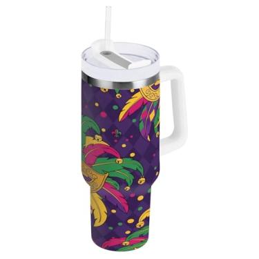 Imagem de Blueangle Copo isolado de máscara de carnaval de 1,134 g com alça e tampa de palha, caneca de viagem reutilizável de aço inoxidável (710)