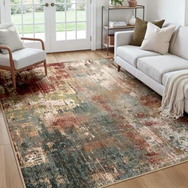 Imagem de RELEANY Tapetes laváveis, quadrados, 2,1 m, antiderrapantes, modernos, abstratos, macios para sala de estar, entrada, quarto, berçário, estampado, marrom, ferrugem, vermelho, verde, azul, multi