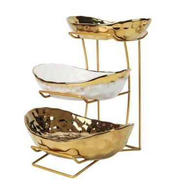 Imagem de Kytree Tigela de frutas Goldmeet de 3 camadas para balcão de cozinha, cesta de frutas de 3 camadas com suporte de metal, tigelas de frutas de cerâmica para lanches de vegetais, nozes, armazenamento de