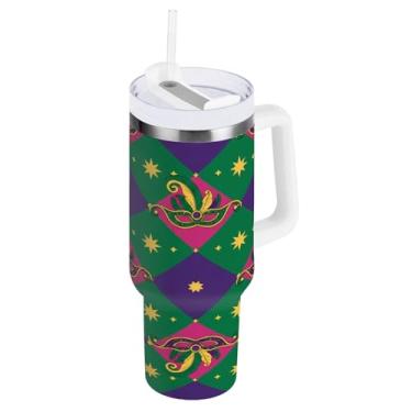 Imagem de Blueangle Copo isolado para Mardi Gras de 1,134 g com alça e tampa de palha, caneca de viagem reutilizável de aço inoxidável (440)