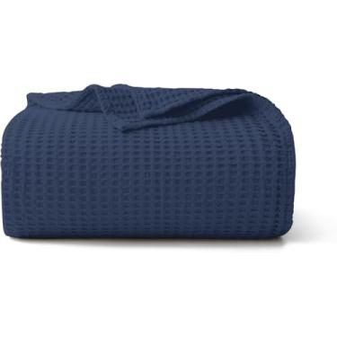 Imagem de Cobertor de waffle 100% algodão (azul marinho - tamanho casal - 213 cm x 234 cm), cobertor de cama e sofá leve pré-lavado e antiencolhimento, cobertor de tecido waffle de 380 g/m² para todas as