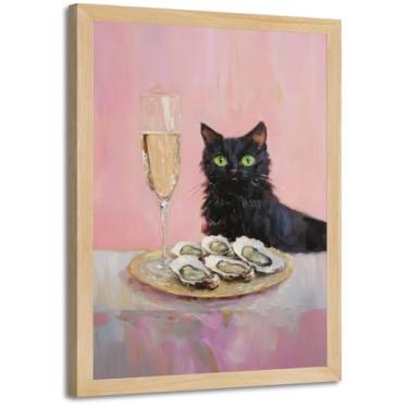 Imagem de Arte de parede de gato preto engraçado emoldurado champanhe ostra bar carrinho decoração de parede impressão de pôster de gato preto caprichoso para sala de jantar, cozinha, sala de estar, decoração