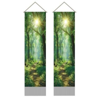 Imagem de SUPERDANT 2 peças Tapeçaria Floresta Luz do Sol Cena Verde Tapeçaria Arte de Parede Sol Estrelas Cobertor de Parede Tapeçarias Pendurar na Parede com Borla para Decoração de Sala de Estar Quarto 130 x