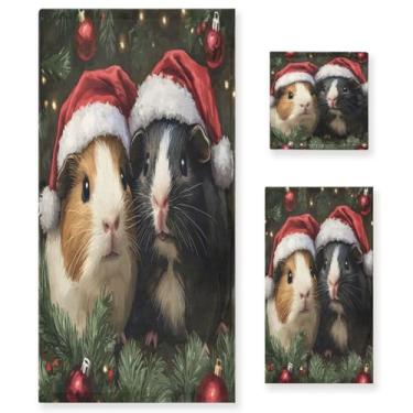 Imagem de STAYTOP Conjunto de toalhas para porquinhos da índia usando chapéus de Papai Noel, 3 peças, toalhas de secagem rápida altamente absorventes, 1 toalha de banheiro, 1 toalha de rosto, 1 toalha de mão