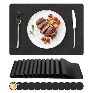 Imagem de Jogo americano de vinil, conjunto de 12 tapetes de couro sintético, à prova d'água e resistente ao calor, tapetes de mesa laváveis antiderrapantes com porta-copos para ambientes internos e externos