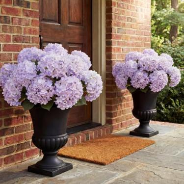 Imagem de Hotop Pacote com 4 flores artificiais de hortênsia de seda roxa 50 cm grande com 5 cabeças por arbusto resistentes a UV flores artificiais realistas para casa, casamentos, festas, decoração de jardim