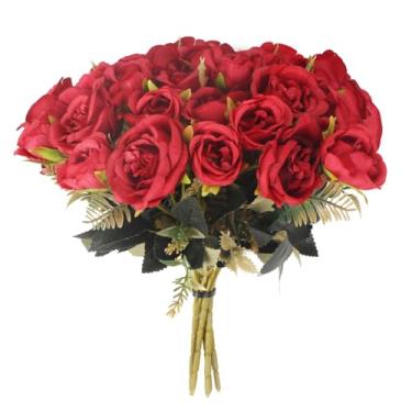 Imagem de TONSHEN 5 pacotes de flores artificiais, decoração de jardim, flores de plástico, plantas falsas para casa, varanda, festa, casamento, decoração interna e externa (vermelho)