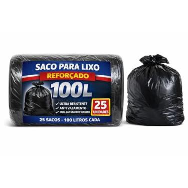 Imagem de Saco para Lixo Reforçado, 100 Litros, Ultra Resistente, Anti Vazamento, Preto, 25 Unidades