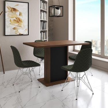 Imagem de Mesa Jantar Londres Tampo Amêndoa 120Cm Base Preta 4 Cadeiras Ferro Branco Estofado Verde