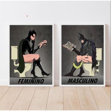 Imagem de Kit 2 Quadros Banheiro M/F 45x34cm - Vidro e Moldura Preta