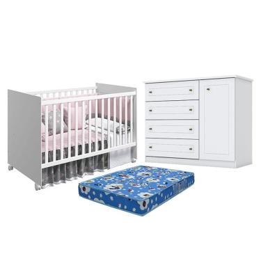 Imagem de Berço Nacional Mel Branco Acetinado - Reller E Cômoda Infantil Americano Branco Hp E Colchão Tendtudo - Henn