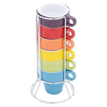 Imagem de Jogo De Canecas 50ml Cerâmica 6 Peças Suporte Inox Café Chá - Kadê