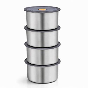 Imagem de Kit 4 Potes Herméticos Redondo Inox 450ml Vasilha Aço Inoxidável Tampa Vedação