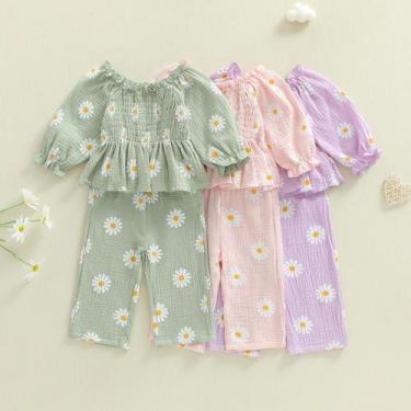Imagem de Conjunto De Roupa Infantil Para Meninas Com Camiseta Floral De Manga L