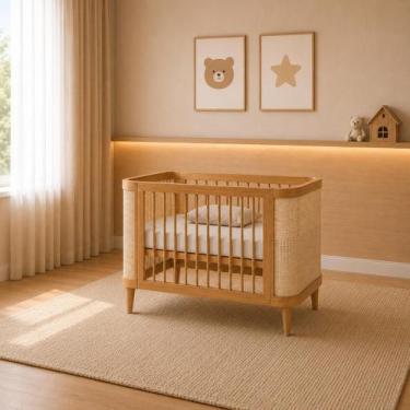 Imagem de Berço de Madeira Maciça 3 em 1 Mini Berço e Mini Cama Tela Rattan Palh