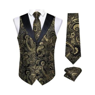 Imagem de Colete De Smoking Masculino Paisley Com Gravata, Lenço De Bolso E Abot