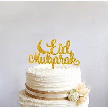 Imagem de Topo de bolo dourado com fonte Eid Acrílico Eid/Hajj Topper de bolo Ramadã Eid Mubarak Topper de bolo para chá de bebê de casamento, decoração de festa de aniversário Eid