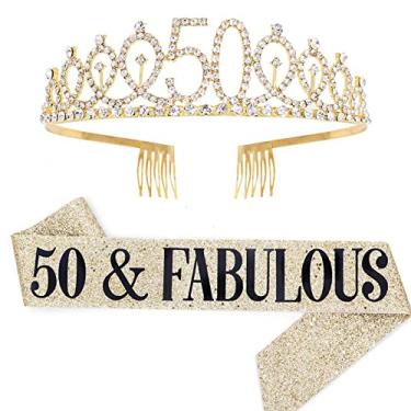 Imagem de MUYEE Conjunto de Tiara de Strass e Faixas 50 e Fabulosas, de 50 anos, Faixa de Aniversário/Tiara Dourada para Decoração de Festa de Aniversário de 50 anos