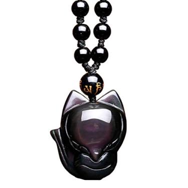 Imagem de Yajun Colar de raposa obsidiana natural olho de arco-íris animal raposa de nove caudas colorido masculino feminino pingente de joia