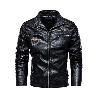 Imagem de Jaqueta masculina de couro PU de inverno retrô para motocicleta de couro plus size casacos de couro pu slim fit gola alta externa, preta, XGG