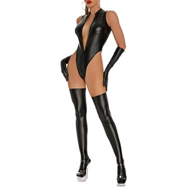 Imagem de Body sexy Catsuit para mulheres fantasia de couro com zíper na virilha preta brilhante sem mangas lingerie de látex meias de cano alto luvas