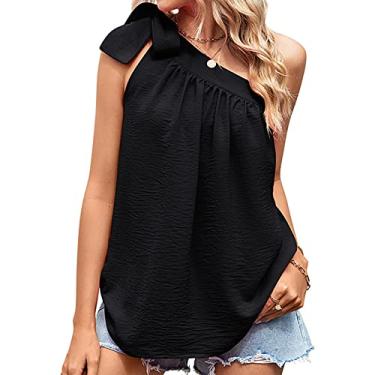 Imagem de Camiseta feminina sem mangas, um ombro com laço e laço top colete ombro de fora camisas casuais streetwear, preta, M (busto: 96 cm)